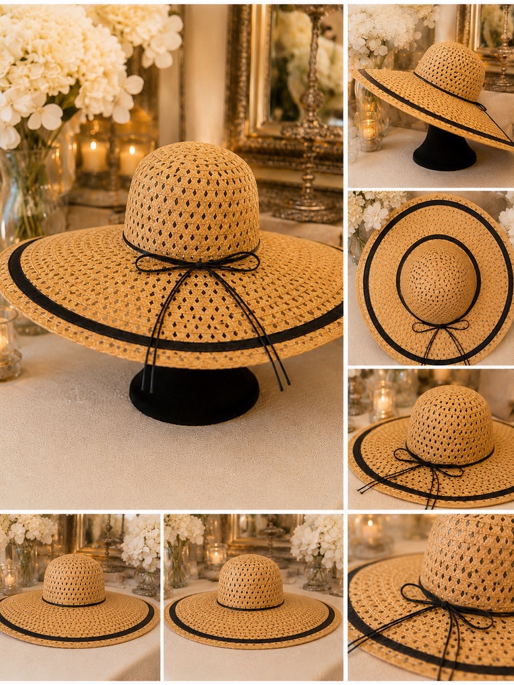 Wide Brim Straw Sun Hat with Black Trim